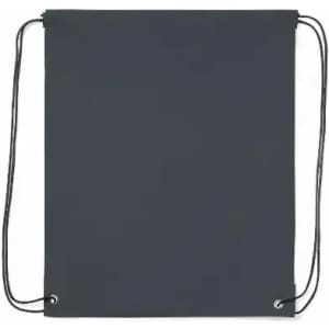 A drawstring bag in a solid black colour, featuring two drawstrings and metal eyelets.