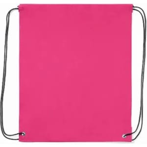 A drawstring bag in vibrant pink with black cords at the sides. It has eyelets for the drawstrings.