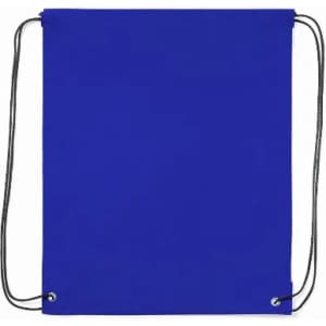 A drawstring bag in a solid blue colour with black cords. The bag features eyelets for the cords.