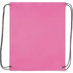 A drawstring backpack in bright pink with black cords for easy carrying. The design is simple and unembellished.