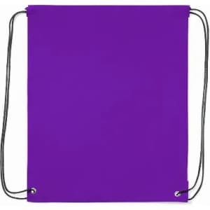 A drawstring bag in vibrant purple, featuring black cords and a simple design.