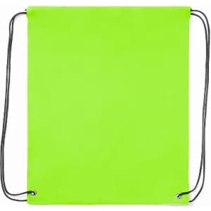A drawstring bag in bright green with black cords for closure. The bag has a simple, unadorned design.
