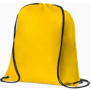 A drawstring backpack in bright yellow with black cords. The bag is simple and unadorned.