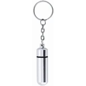 A silver cylindrical keychain container with a keyring attached. It has a sleek, shiny finish.