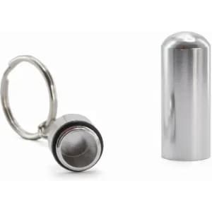A metallic bottle opener on a keychain next to a sleek silver cap. The product features a shiny finish.
