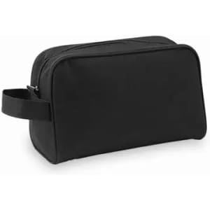A black toiletry bag with a zip closure and a side handle for easy carrying.