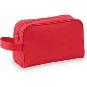 A red toiletry bag with a zip closure and a side handle. It features a simple design and solid fabric.