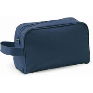 A navy toiletry bag with a zip closure and a small handle on the side. It has a simple, rectangular design.