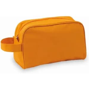 A pouch bag in bright orange with a handle and zipper closure. It has a simple, streamlined design.