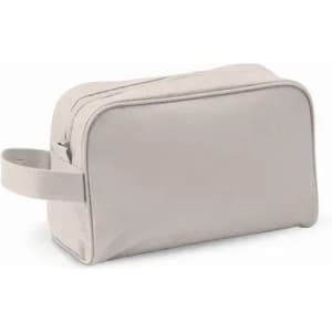 A cosmetic bag in a light grey colour featuring a zip closure and a side handle for easy carrying.