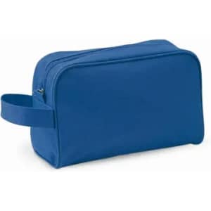 A blue toiletry bag with a zip closure and a handle on one side. It has a simple, rectangular shape.