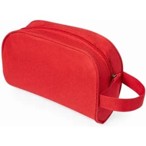 A red toiletry bag with a zipper and a handle on the side. The bag has a simple, rectangular design.