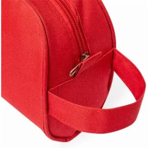 A red zippered bag with a handle, featuring a textured fabric surface and rounded top.