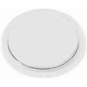 A round, silver metal lid, featuring a smooth surface and a slight rim around the edge.