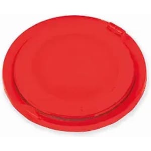 A red drink bottle lid with a smooth surface and a slight indentation for secure closure. It features a logo.