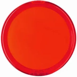 A red circular promotional product with a glossy finish. It features a logo in the centre.