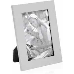 A photo frame with a sleek white border, displaying a black and white image of a couple.