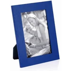 A blue photo frame displaying a black and white image of a couple. The frame has a stand at the back.