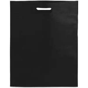 A black promotional tote bag with a hand-held cutout handle. The bag has a solid, smooth surface.