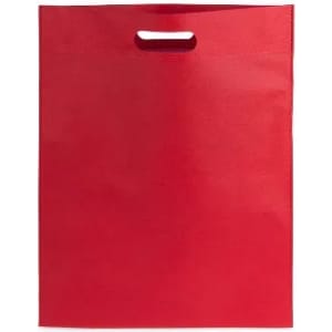 A red shopping bag with a handle, made from sturdy material, featuring a simple design.