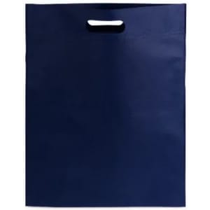 A navy blue promotional bag with a cut-out handle and a simple, plain design.