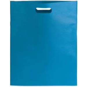 A blue reusable shopping bag with a handle at the top. It has a smooth, matte finish.