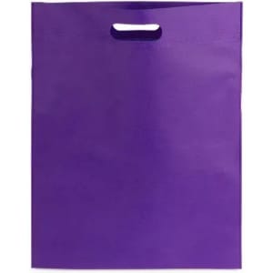 A purple gift bag with a handle, made of sturdy material. Features a smooth, matte finish.
