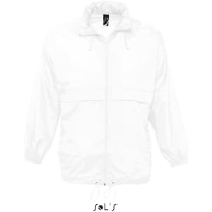 A white unisex raincoat made from 100% waterproof nylon, featuring a hood and adjustable drawstrings.