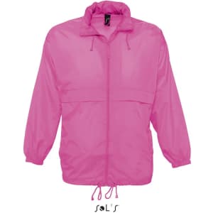 A pink unisex raincoat made from 100% waterproof nylon, featuring a hood and elastic cuffs.