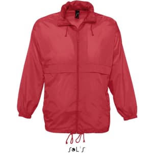 A red unisex raincoat made of 100% waterproof nylon material, featuring a hood and drawstring adjustments.