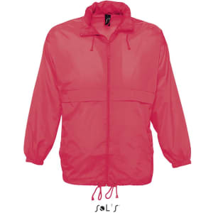 A red unisex raincoat made from 100% waterproof nylon, featuring a hood and adjustable drawstring.