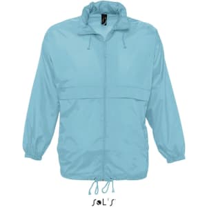A light blue unisex raincoat made from 100% waterproof nylon material, featuring a zip front and adjustable drawstrings.
