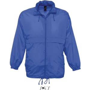 A blue unisex raincoat made of 100% waterproof nylon material, featuring a hood and adjustable drawstrings.
