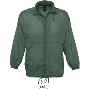 A unisex raincoat in dark green, made of 100% waterproof nylon, featuring a zip front and elastic cuffs.