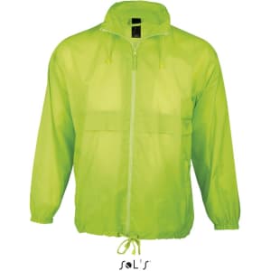A bright yellow-green unisex raincoat made from 100% waterproof nylon, with a front zip and hood. It features a logo.