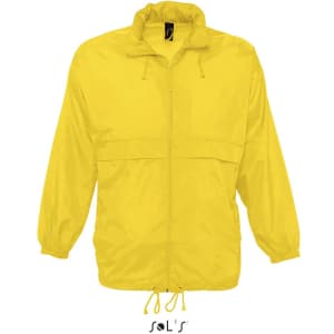 A unisex, yellow raincoat made from 100% waterproof nylon material, featuring a drawstring hood and elastic cuffs.