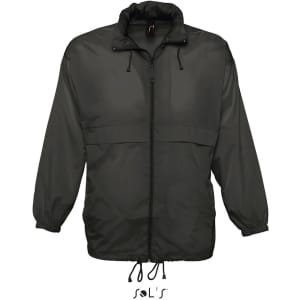 A black unisex raincoat made from 100% waterproof nylon material, featuring a hood and adjustable drawstrings.