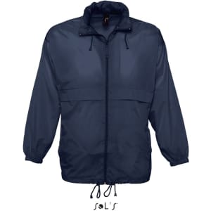 A navy blue unisex raincoat made of 100% waterproof nylon material, featuring a zip front and adjustable cuffs.