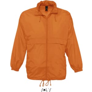An orange unisex raincoat made from 100% waterproof nylon material, featuring a front pocket and adjustable hood.