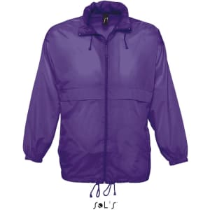 A unisex purple raincoat made from 100% waterproof nylon material, featuring a hood and adjustable drawstrings.