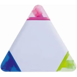 A drink bottle in a triangular shape, featuring pink, blue, and green accents with a logo.