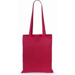 A red tote bag with long handles and a simple design. It features a logo on the front.