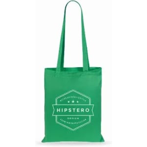 A green tote bag with long handles, featuring a circular logo with the word "HIPSTERO" prominently displayed.