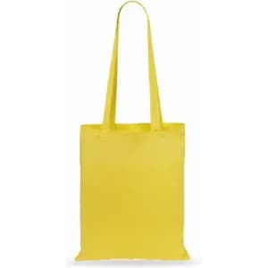 A yellow tote bag with long handles and a simple design, featuring a plain surface.