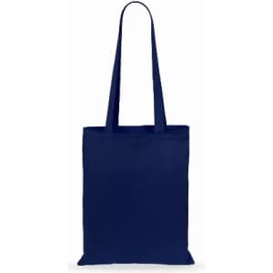 A navy blue tote bag with two long handles, featuring a simple, unbranded design.