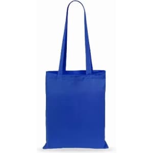 A blue tote bag with long handles, featuring a simple and clean design. It has no visible branding or text.