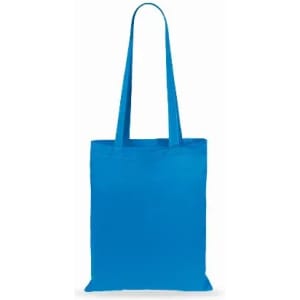 A reusable tote bag in bright blue with long handles. It has a simple design, suitable for various uses.