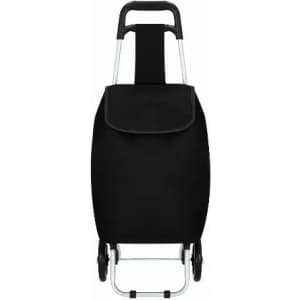 A black shopping trolley with a foldable handle and wheels, featuring a spacious, flap-over bag.