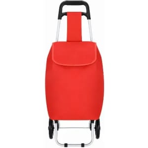 A red shopping trolley with a soft bag and a black handle, featuring a silver frame and two wheels.