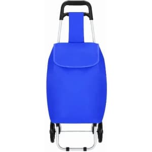 A blue shopping trolley with a foldable handle and a flap closure. It has a simple metallic frame.
